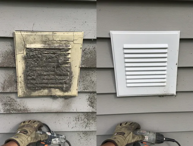 Wickliffe Dryer Vent Cleaning technician installing high-quality dryer vent cover at a residential property in Wickliffe