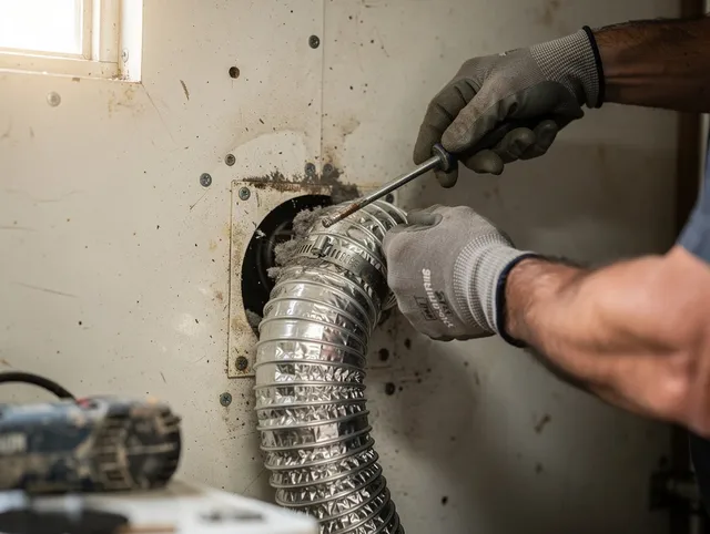 Wickliffe Dryer Vent Cleaning technician performing precise dryer vent hose installation in Wickliffe